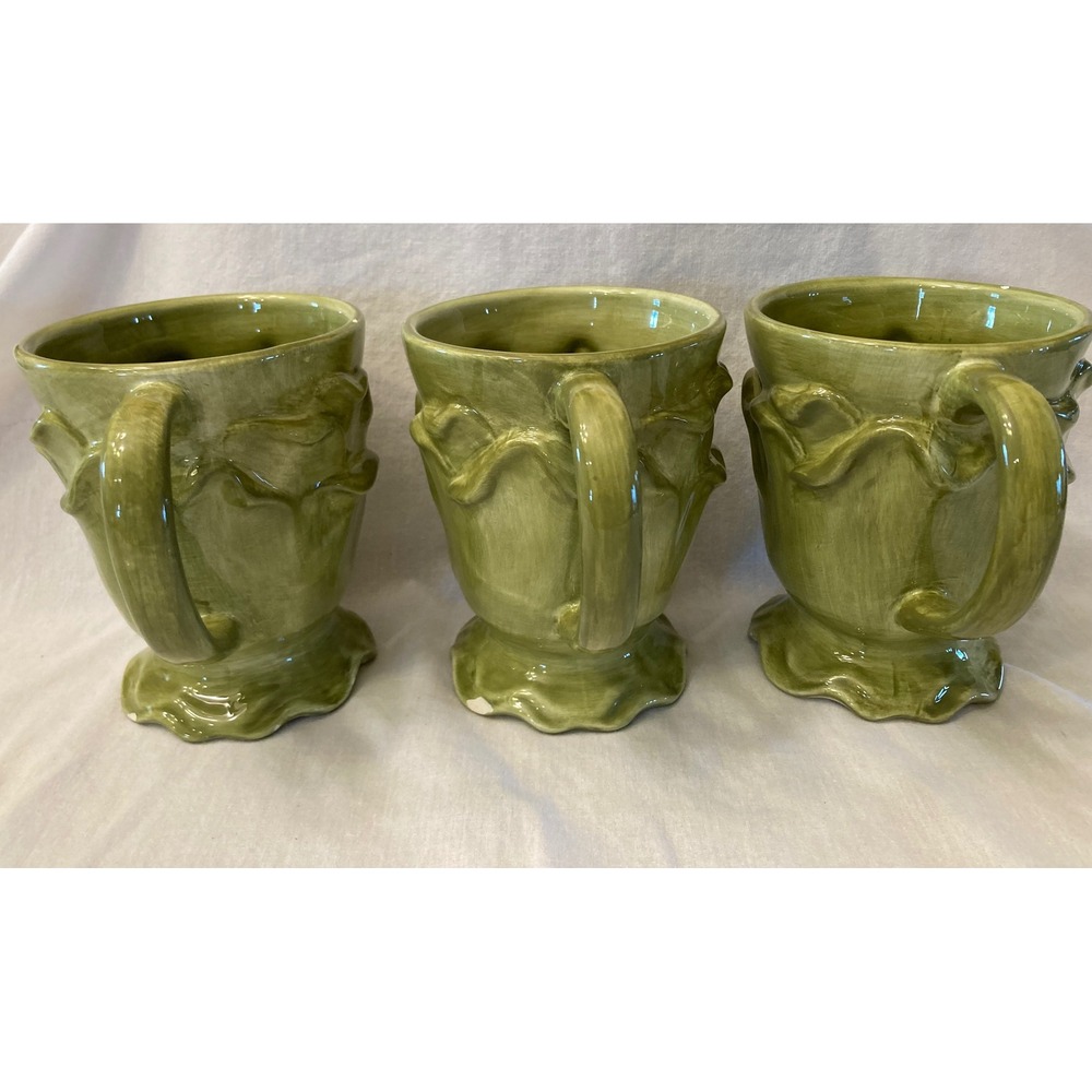 Roscher & Co Set of 3 Green Ceramic Footed Mugs Embossed Leaf Design - Picture 3 of 11